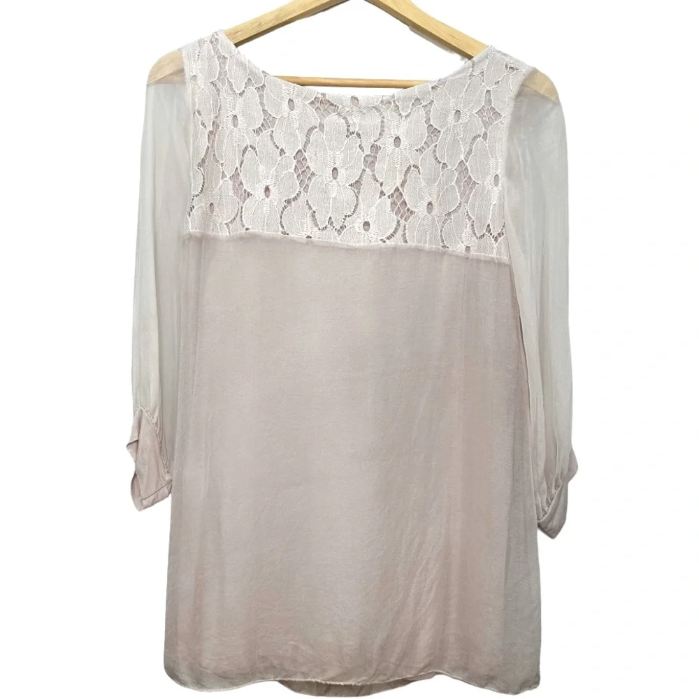 Amanti 100% Silk Blouse Made in Italy Lace Trim Top Size Small - Picture 2 of 15
